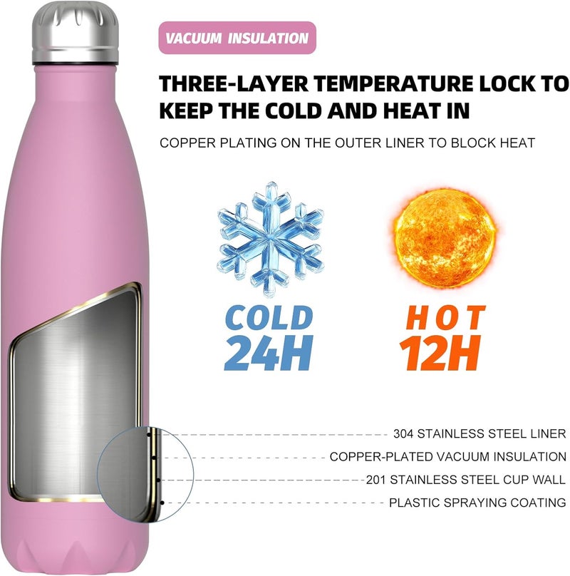 WATERSY Stainless Steel water bottles,17oz/500ml Insulated Water Bottles,Gloss Pink metal water bottle Keeps Drink Cold and Hot,BPA Free kids water bottles for School,Gym,Travel,Sports - Image 2